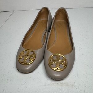 Tory Burch Ballet Flats French Gray Leather Round Toe Gold Logo Womens Sz 5M EUC